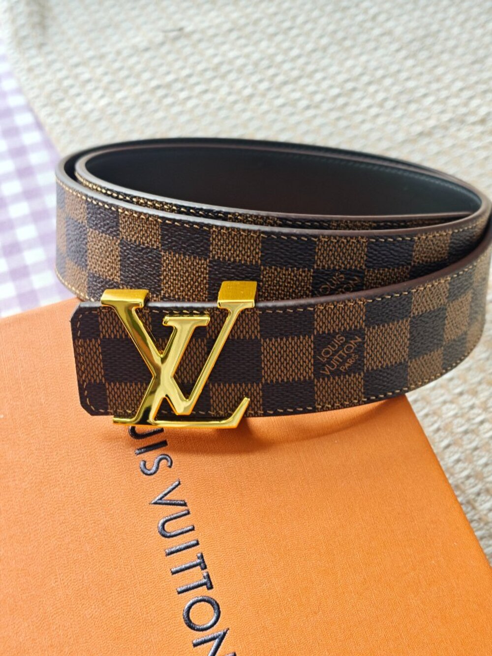 Unisex Louis Vuitton Damier Ebene Canvas Belt Gold LV Buckle 95/38 - Picture 2 of 9